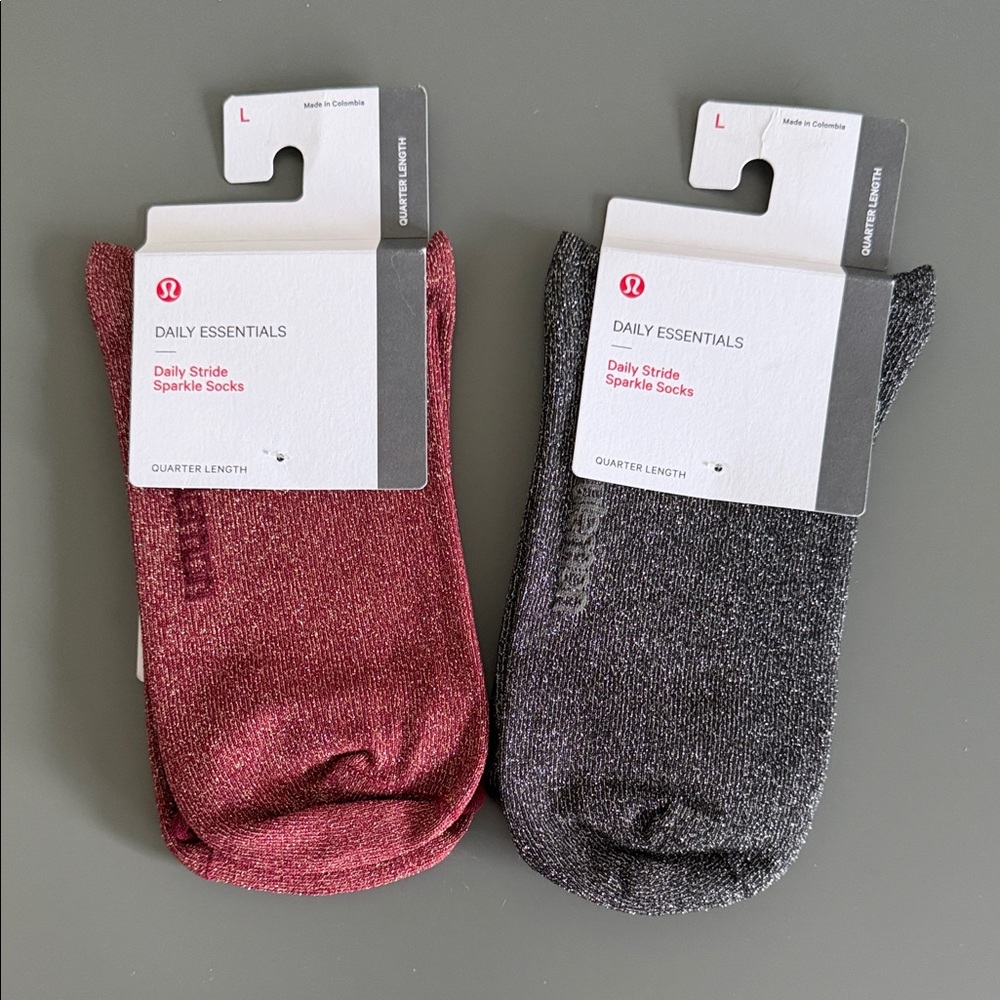 Lululemon 2 Pair Red & Black Daily Stride Sparkle Socks - Quarter Length Large